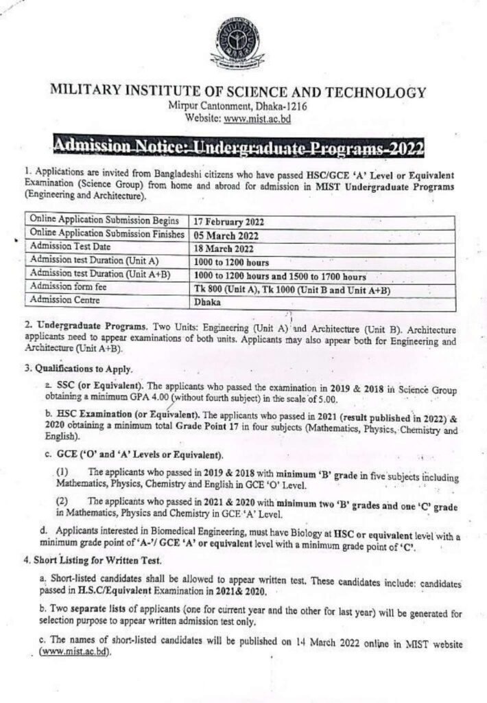 MIST Admission Circular 2022